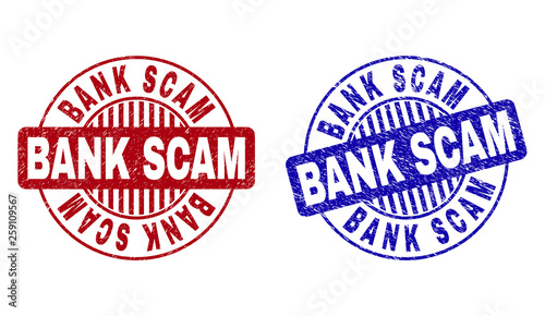 Grunge BANK SCAM round stamp seals isolated on a white background. Round seals with grunge texture in red and blue colors. Vector rubber watermark of BANK SCAM text inside circle form with stripes.