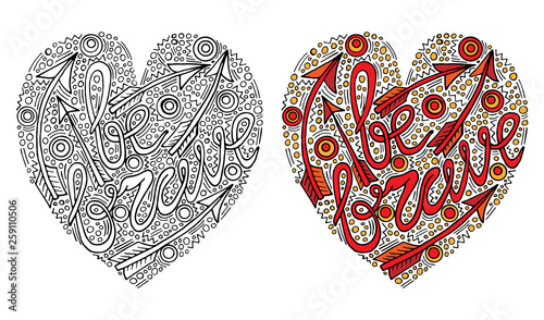Vector colorful heart form with be brave text for coloring book