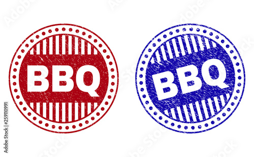 Grunge BBQ round stamp seals isolated on a white background. Round seals with grunge texture in red and blue colors. Vector rubber imitation of BBQ text inside circle form with stripes.