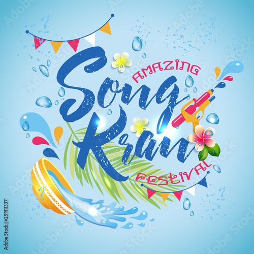 Amazing Thailand Songkran festival design on blue water background, vector illustration