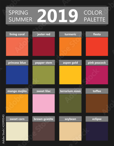 Spring and summer 2019 colors palette. Fashion trend guide. Palette fashion colors guide with named color swatches, RGB and TCX. Color of the year - living coral. Vector illustration