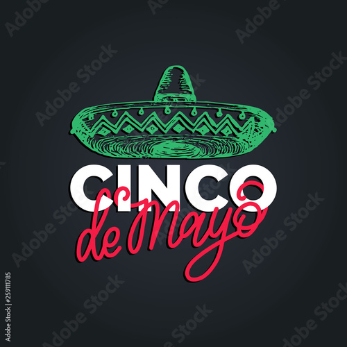 Cinco De Mayo, hand lettering. Translation from Spanish 5 May. Vector calligraphy with illustration of sombrero.
