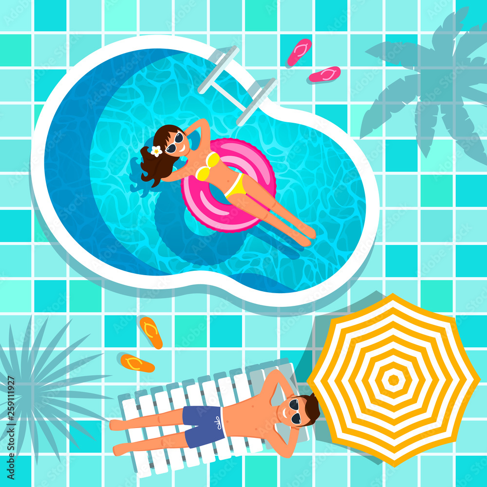 A vivid illustration of the texture of pool water with inflatable swimming circles, a beautiful girl and a guy. Top view of the pool, umbrella and deck chair. vector