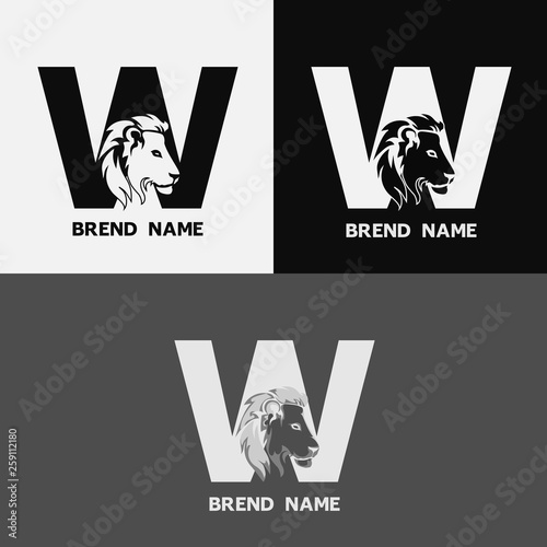 letter W with a lion face. Lion head logo design inside letter Q in aser color variations. Emblem animal and letter W for company branding, business, industry, entity name. Logotype alphabet template