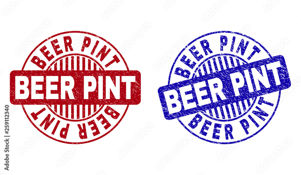 Grunge BEER PINT round stamp seals isolated on a white background. Round seals with grunge texture in red and blue colors. Vector rubber watermark of BEER PINT caption inside circle form with stripes. Grunge BEER PINT round stamp seals isolated on a white background. Round seals with grunge texture in red and blue colors. Vector rubber watermark of BEER PINT caption inside circle form with stripes.