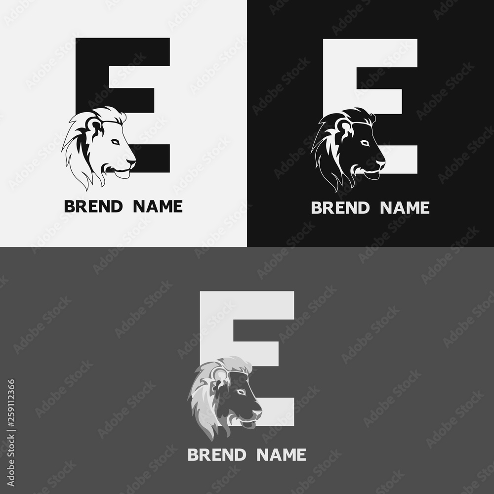 letter E with a lion face. Lion head logo design inside letter E in aser color letter E with a lion face. Lion head logo design inside letter E in aser color