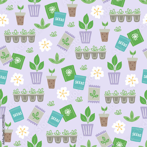 Gardening seamless pattern with seeds, pots, flowers and sprouts