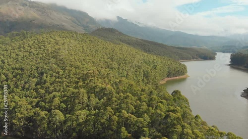 Aerial view beautiful nature with mountains and hills by Lake Mattupetty. Kerala State. Near the city of Munar. photo