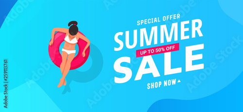 Summer sale banner design with young woman swims, tanning on life buoy in swimming pool, top view background. Vector illustration