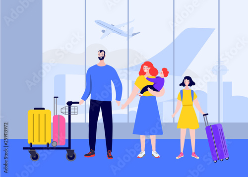Large happy family at the airport flying on a trip on vacation. Family travel. Holiday. Cartoon Character Family, illustration, vector