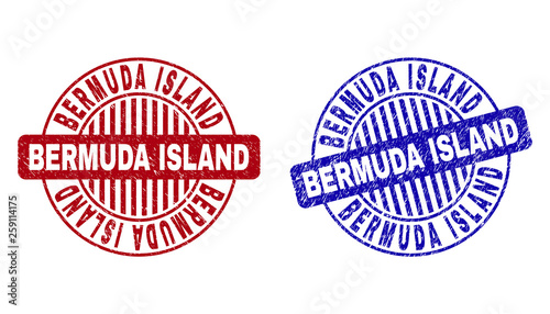 Grunge BERMUDA ISLAND round stamp seals isolated on a white background. Round seals with distress texture in red and blue colors.