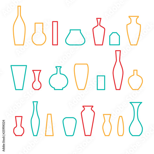 Collection of various kinds of vases. Vector illustration. Linear style