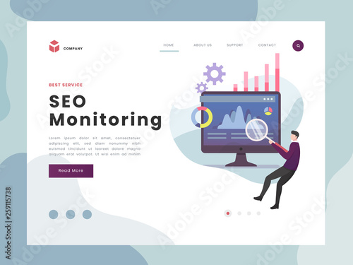 Vector Illustration idea concept for landing page template, SEO monitoring analysis, people man worker optimze, analyzing and studying the interface, flat Gradient Styles