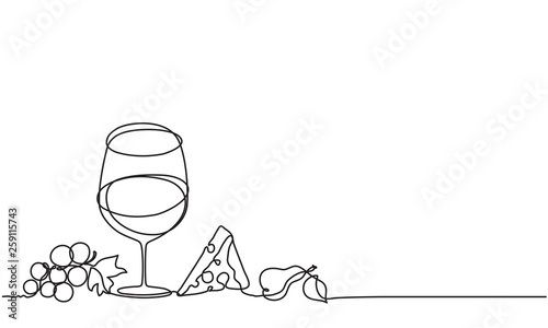 Wine glass, cheese, fruit. Vector. Drawing by continuous line. Doodle. Sketch.