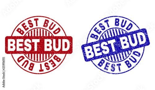 Grunge BEST BUD round stamp seals isolated on a white background. Round seals with grunge texture in red and blue colors. Vector rubber watermark of BEST BUD caption inside circle form with stripes.