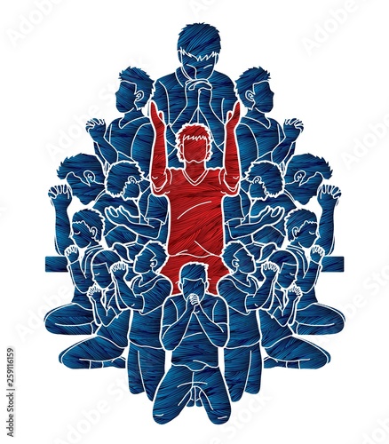 Group of Prayer, Christian praying together cartoon graphic vector