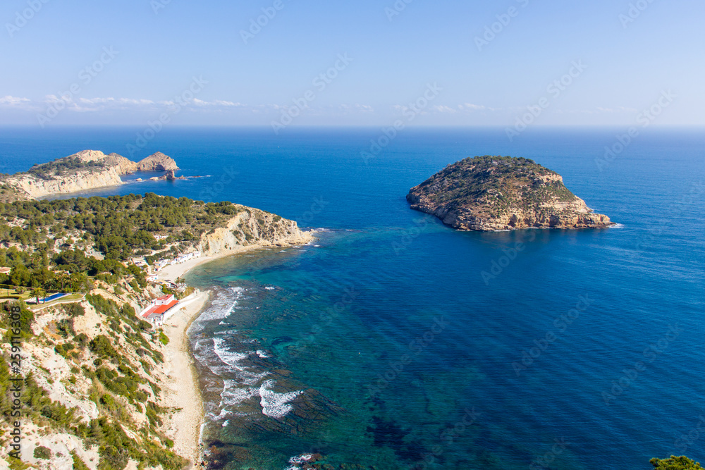 Aerial view of Portitxol Island and Barraca beach in Javea, Spain