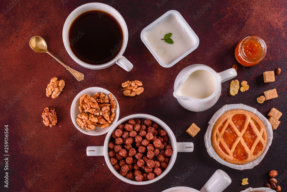 Tasty and useful breakfast with flakes, milk, nuts and dried fruits. The healthy food loading with energy Tasty and useful breakfast with flakes, milk, nuts and dried fruits. The healthy food loading with energy