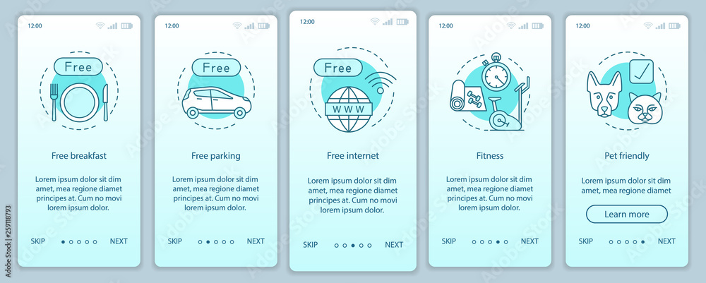 Room amenities onboarding mobile app page screen vector template