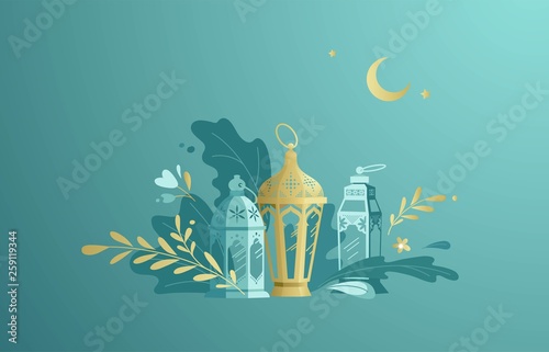 Quadro su tela Hand Drawn Illustration of Ramadan Lanterns with Floral Elements