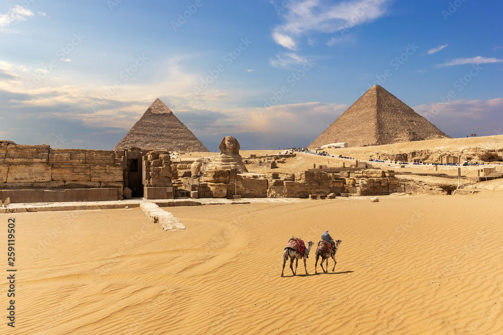 The Great Pyramids, the Sphinx and the temple entrance in Giza, Egypt