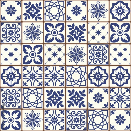 Blue Portuguese tiles pattern - Azulejos vector, fashion interior design tiles 