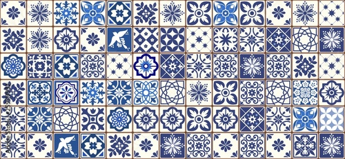 Fotografia Blue Portuguese tiles pattern - Azulejos vector, fashion interior design tiles