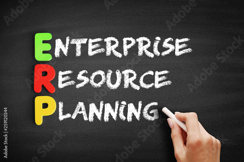 Color Wooden alphabets building the word ERP - Enterprise Resource Planning acronym on blackboard