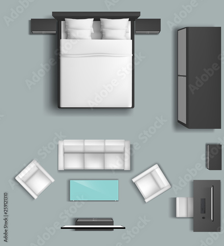 Home living room and bedroom furniture set in top view interior 3d realistic vector mockup. Double bed with side cabinets, wardrobe, sofa and armchairs, coffee table in from of TV-set, work desk