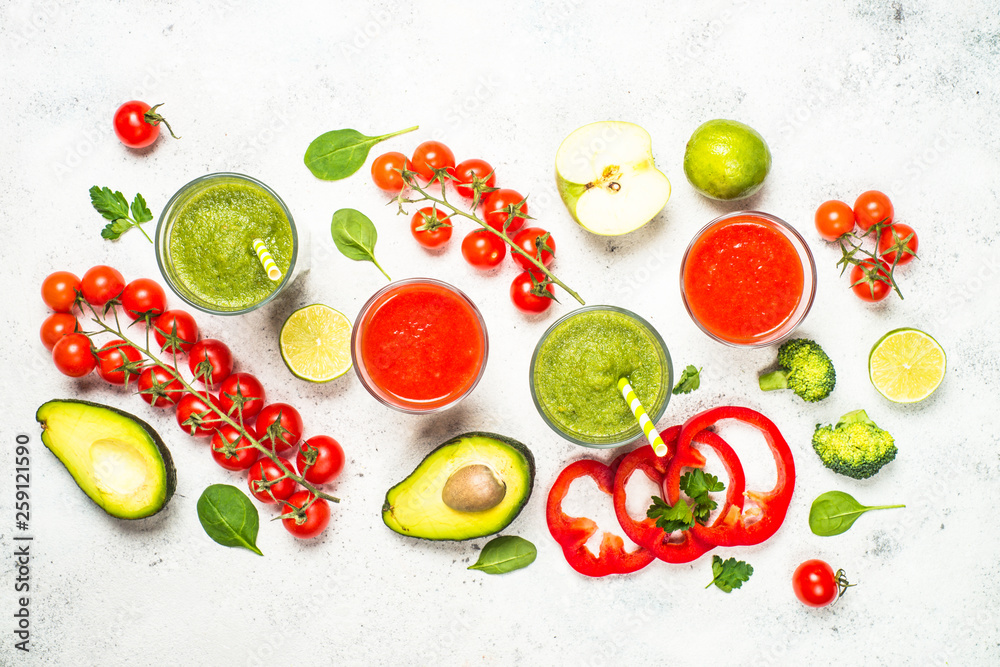 Red and Green vegetable smoothie on white. Red and Green vegetable smoothie on white.