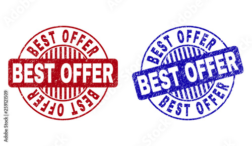 Grunge BEST OFFER round stamp seals isolated on a white background. Round seals with grunge texture in red and blue colors. Vector rubber imitation of BEST OFFER text inside circle form with stripes.