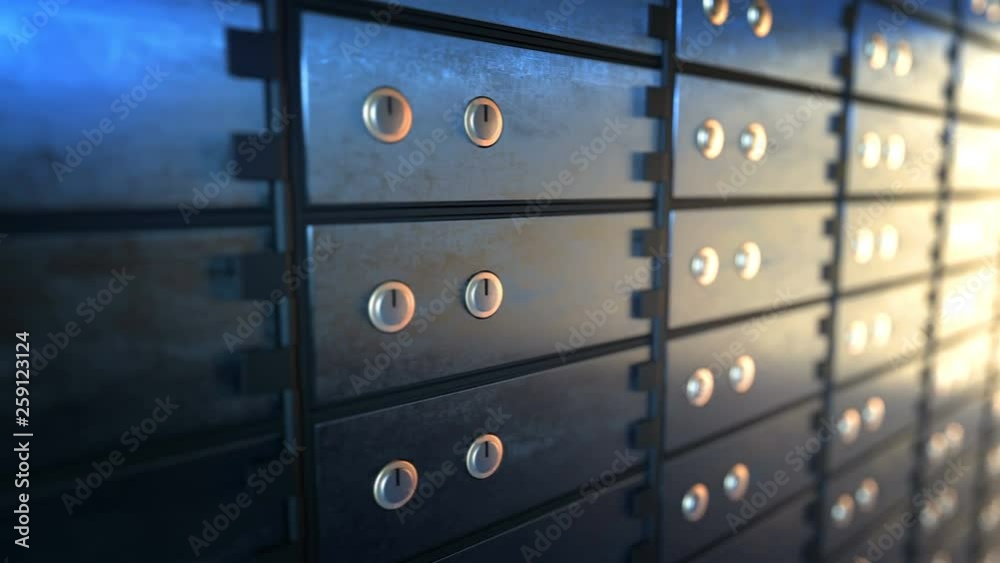 Camera filming safe deposit boxes in a bank vault room, seamless loop-ready