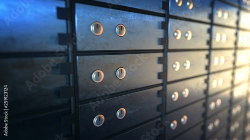 Camera filming safe deposit boxes in a bank vault room, seamless loop-ready
