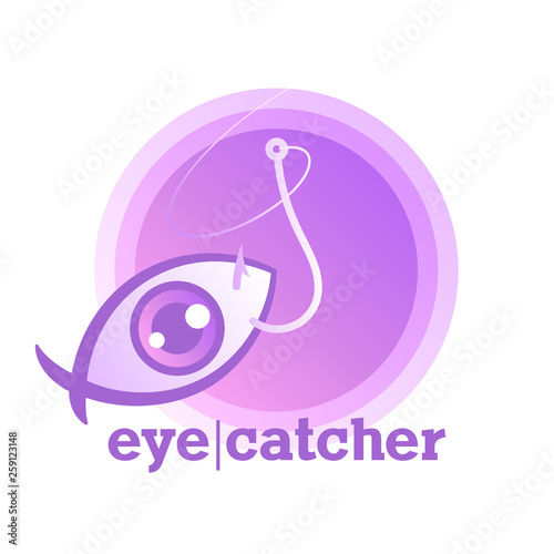 Eye-catcher. Vivid purple icon of clickbait. User's eye in the shape of fish. Metaphoric logo means a tricky online promo with a viral teasers, fake news. Symbol of virtual bait. Trendy vector sticker