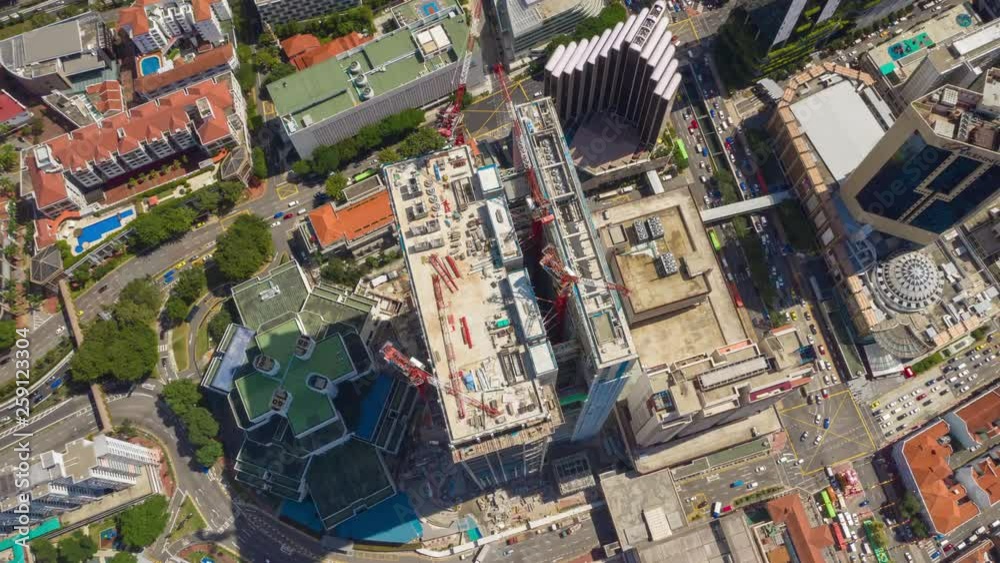 sunny day singapore city center building construction aerial topdown panorama 4k timelapse