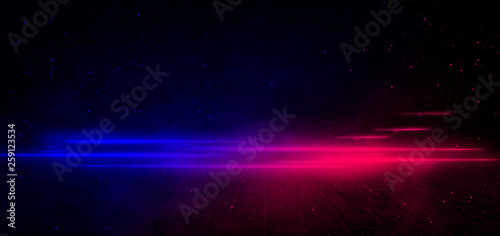 Dark empty street, night view, concrete in, brick wall, night smog, fog and smoke. Neon light, night lights, lights