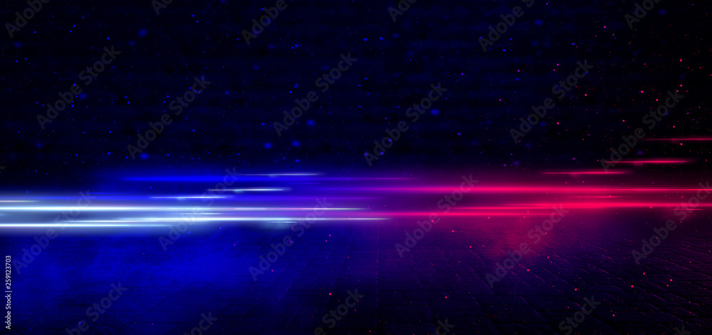 Fototapeta premium Dark empty street, night view, concrete in, brick wall, night smog, fog and smoke. Neon light, night lights, lights