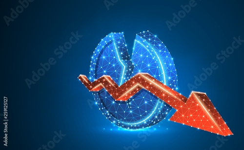 Broken Coin symbol with red downtrend arrow. Neon 3d illustration. Polygonal Vector business, money, unstable finance, broken circle concept. Low poly wireframe, triangle, lines, dots, polygons
