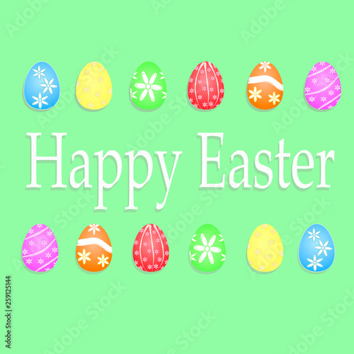 illustration collection of easter eggs and text happy easter on green background