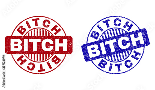 Grunge BITCH round stamp seals isolated on a white background. Round seals with distress texture in red and blue colors. Vector rubber imprint of BITCH tag inside circle form with stripes.