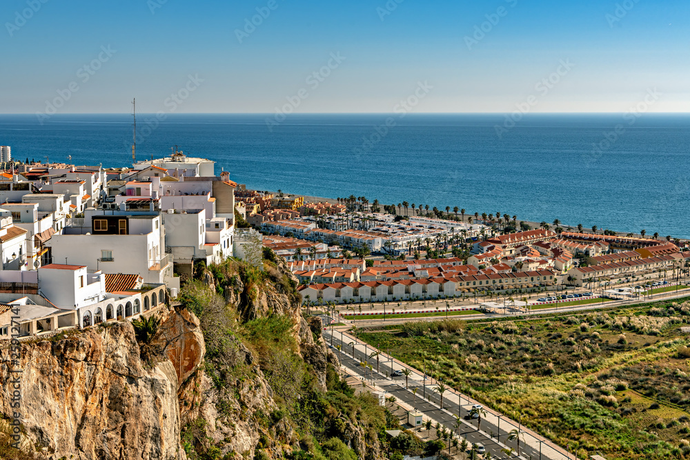 High angle view of the Mediterranean city and beach of Salobreña in the province of Granada, Spain.