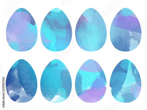 Blue, cyan and violet pastel watercolor splashes painted Easter eggs Vector collection set