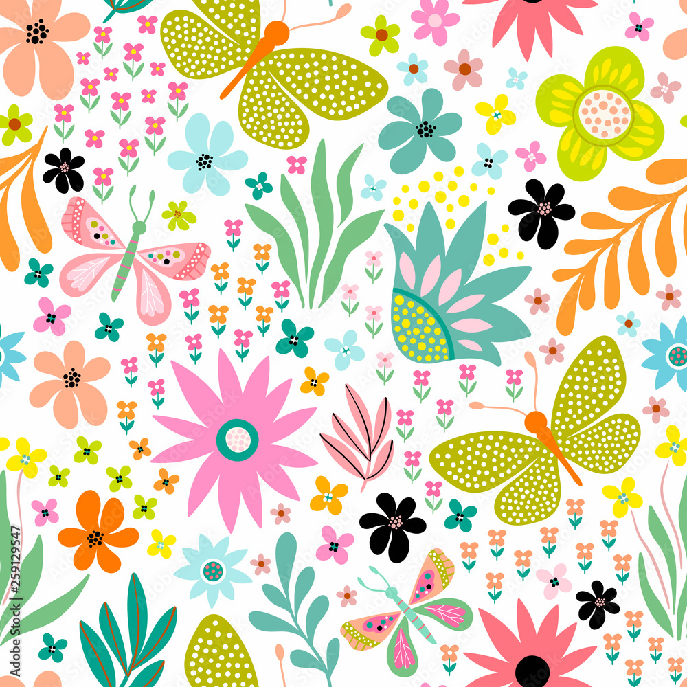 seamless floral pattern with different butterflies, flowers and plants seamless floral pattern with different butterflies, flowers and plants