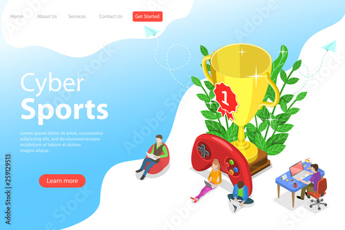 Isometric flat vector landing pate template of esports tournament, cyber sport championship, online gaming.