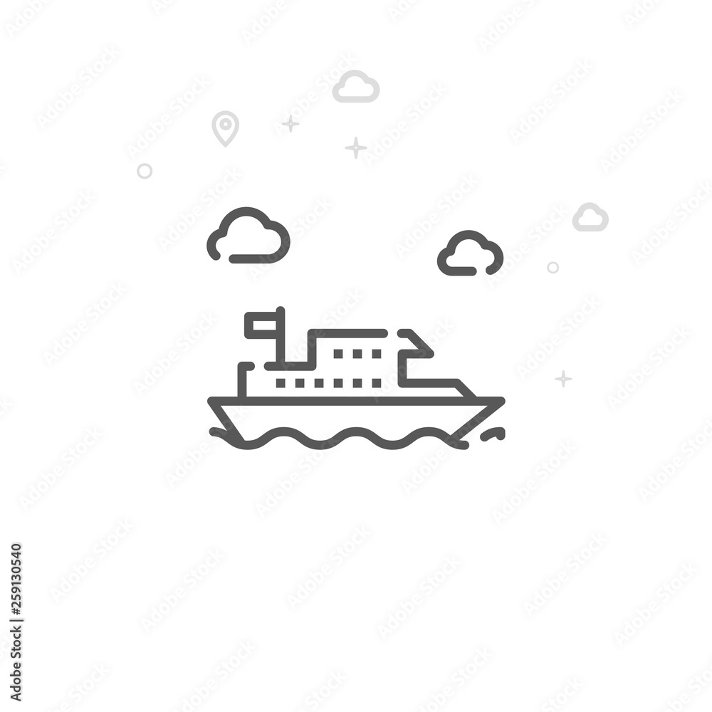 Boat, River Tram Vector Line Icon. City Urban Transport Symbol, Pictogram, Sign. Light Abstract Geometric Background. Editable Stroke. Adjust Line Weight. Design with Pixel Perfection.