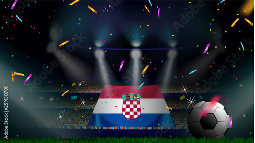 Fans hold the flag of Croatia among silhouette of crowd audience in soccer stadium with confetti to celebrate football game. Concept design for football result template