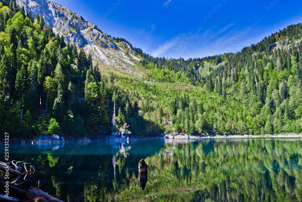 Paradise lake. Turquoise water of a mountain lake surrounded by green wooded hills under a blue sky. Lake Ritsa Tourism in the Caucasus in Abkhazia.
