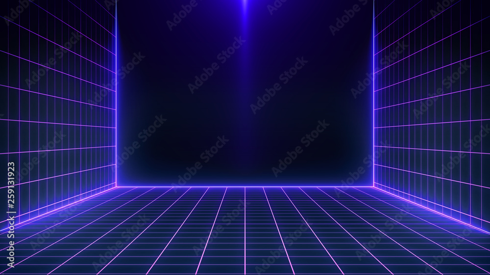 Retro Sci-Fi Background Futuristic landscape of the 80`s. Digital Cyber Surface. Suitable for design in the style of the 1980`s