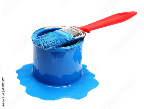 Open blue paint can  with brush isolated on white background