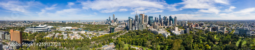 Aerial panoramic view of the beautiful city of Melbourne from Fitzroy Gardens
